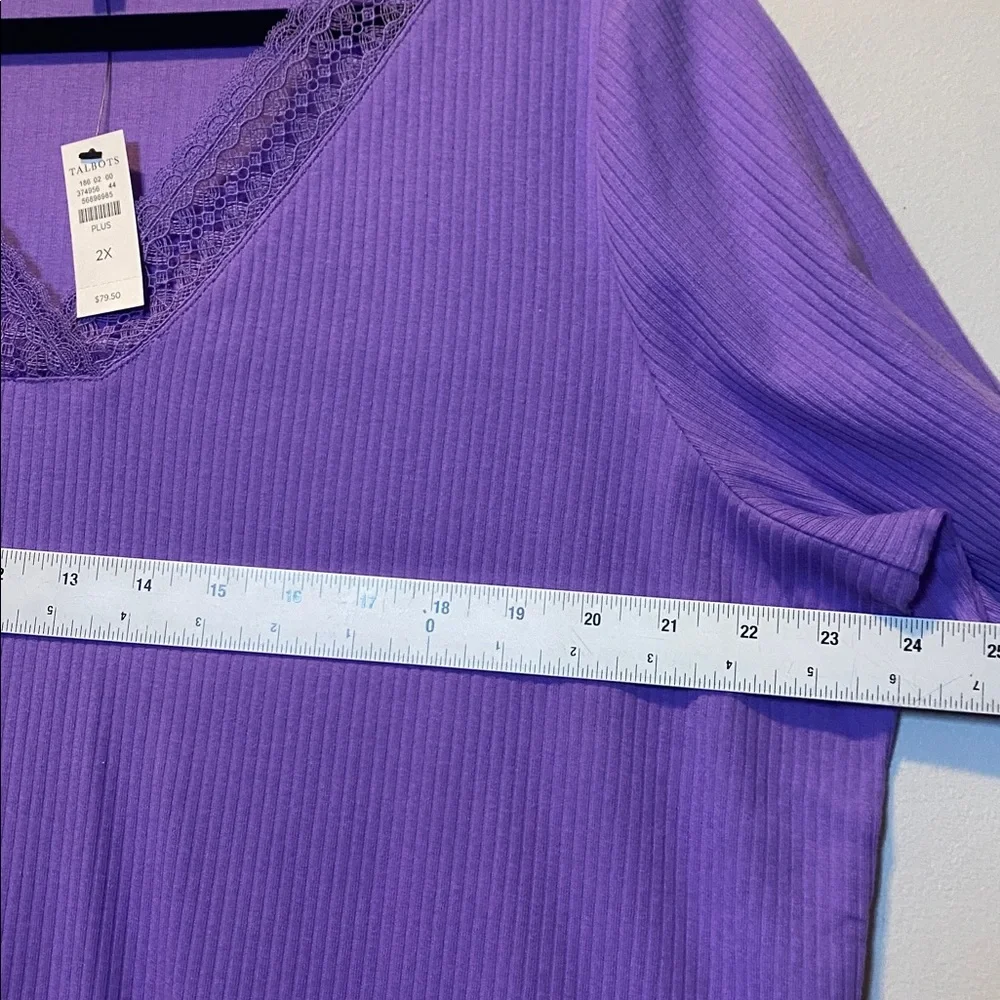 Talbots Lace Trim V-Neck Tee NWT Women’s 2X Purple Short Sleeve Ribbed Shirt - Picture 11 of 13